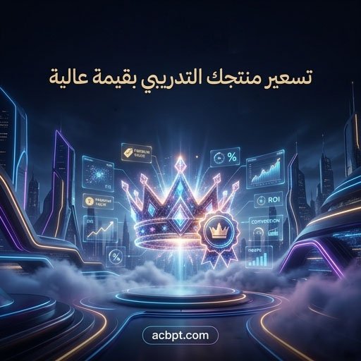 High-end futuristic poster for GulfPicasso.com, workshop: "تسعير منتجك التدريبي بقيمة عالية". Visual: A floating 3D crown or a premium badge made of light and energy, symbolizing high value. Cinematic fog, neon lines, sleek futuristic architecture background. Holographic UI displaying price tags and value metrics. 3D logo with soft neon glow. Main title: "تسعير منتجك التدريبي بقيمة عالية". Subtitle: "أقوى منصّة عربية لتوليد الصور والفيديو واللوغوهات". Link: acbpt.com. Elegant, premium, futuristic style.