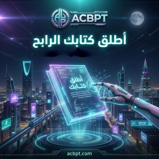 Futuristic Premium Poster for GulfPicasso.com, featuring the workshop "أطلق كتابك الرابح". High-detail 3D ACBPT logo at the top. Central visual: A glowing holographic digital book floating in a futuristic Riyadh city background, cyber-tech patterns, neon turquoise and violet lighting. A digital artist hand touching the hologram book. Text: "أطلق كتابك الرابح" as main title, "منصّتك لصناعة الإبداع بالذكاء الاصطناعي" as subtitle. Bottom link: acbpt.com. Cinematic lighting, lens flare, 8k resolution, Cyber-tech aesthetic.