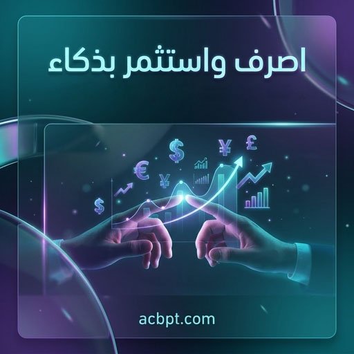 Premium Financial AI poster for GulfPicasso.com, workshop: "اصرف واستثمر بذكاء". Visual: Digital holographic currency symbols and growth charts floating in a futuristic atmosphere. High-end glass textures, neon reflections, turquoise and violet gradients. A hand touching a glowing investment graph. Futuristic typography. Main title: "اصرف واستثمر بذكاء". Subtitle: "بيكاسو الخليج — منصّتك لصناعة الإبداع بالذكاء الاصطناعي". Link: acbpt.com. Professional, luxurious, futuristic.